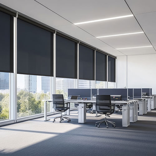 Clean modern office lobby with bright carpet, tile, and seating