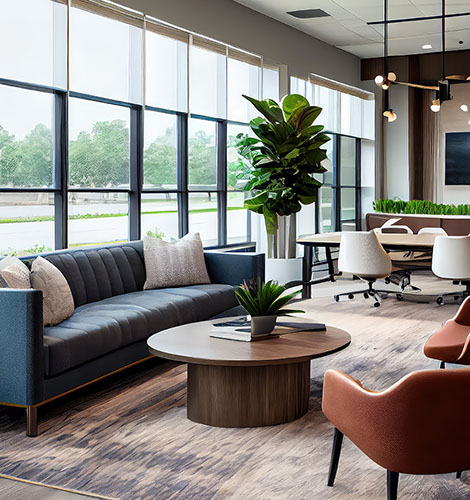 Clean modern office lobby with bright clean furniture